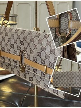 GUCCI Vintage Monogram Clutch Shoulder Bag w/Canvas & Leather Detail in VGVC